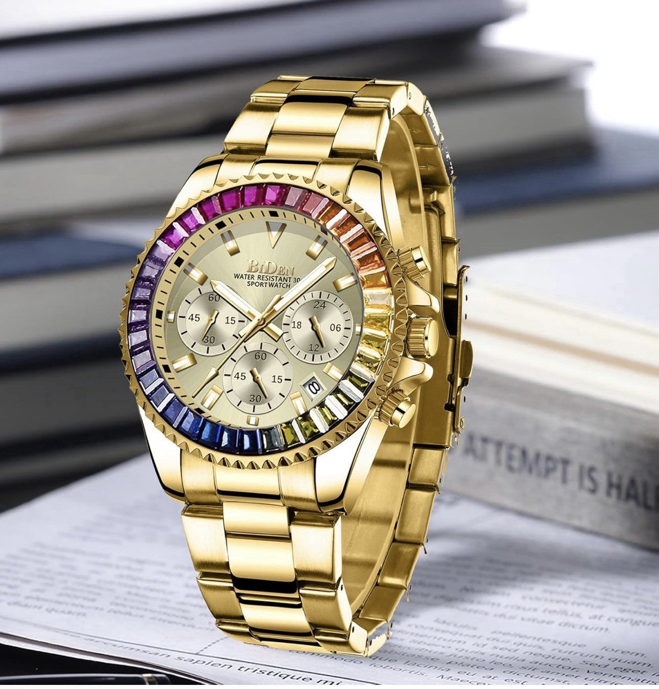 Biden Gold Tone Multicolor Gem Bezel Quartz Men’s Watch Biden-0163 New