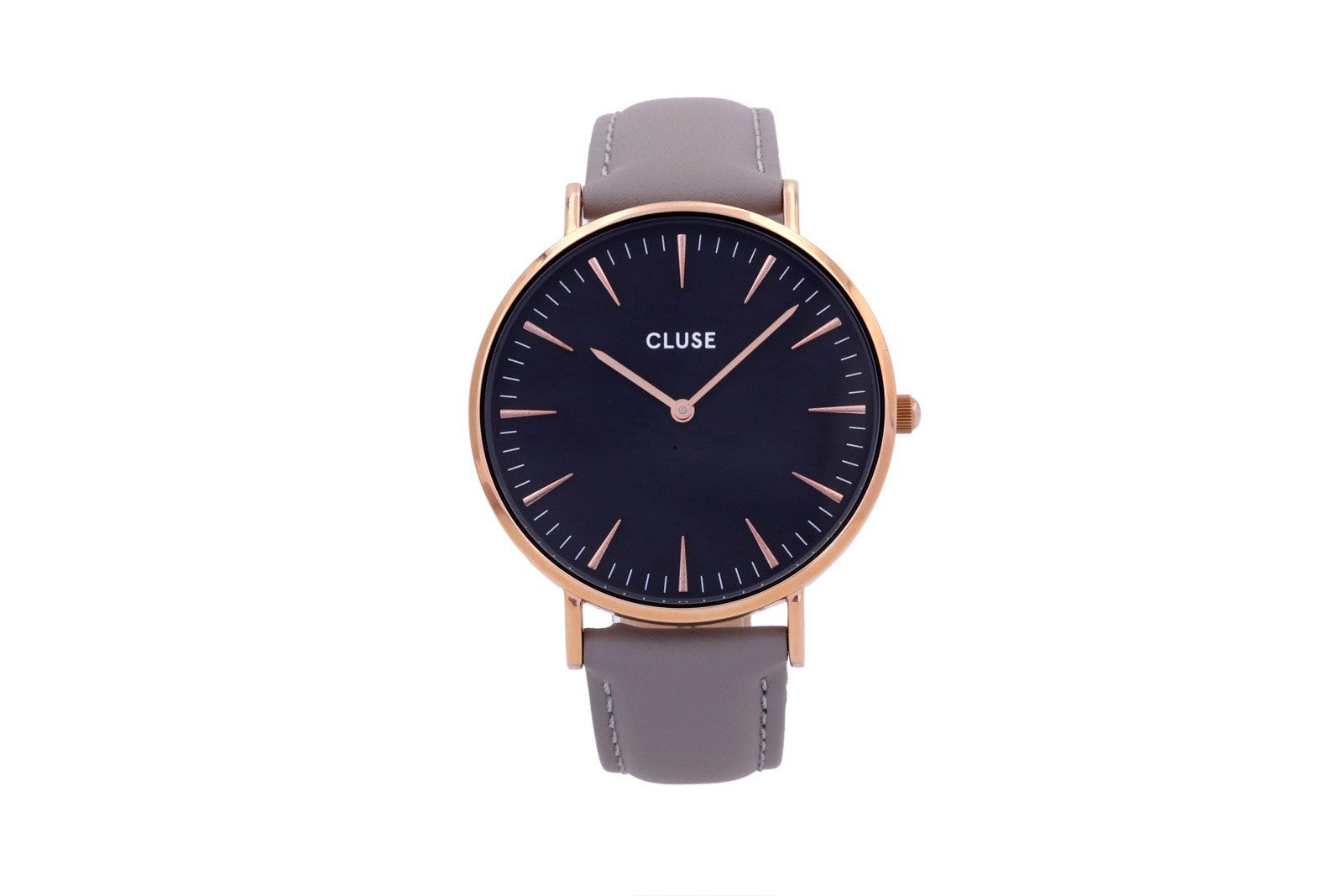 Cluse La Boheme Watch Women Rose Gold Case 38mm Gray Leather Band Black Dial