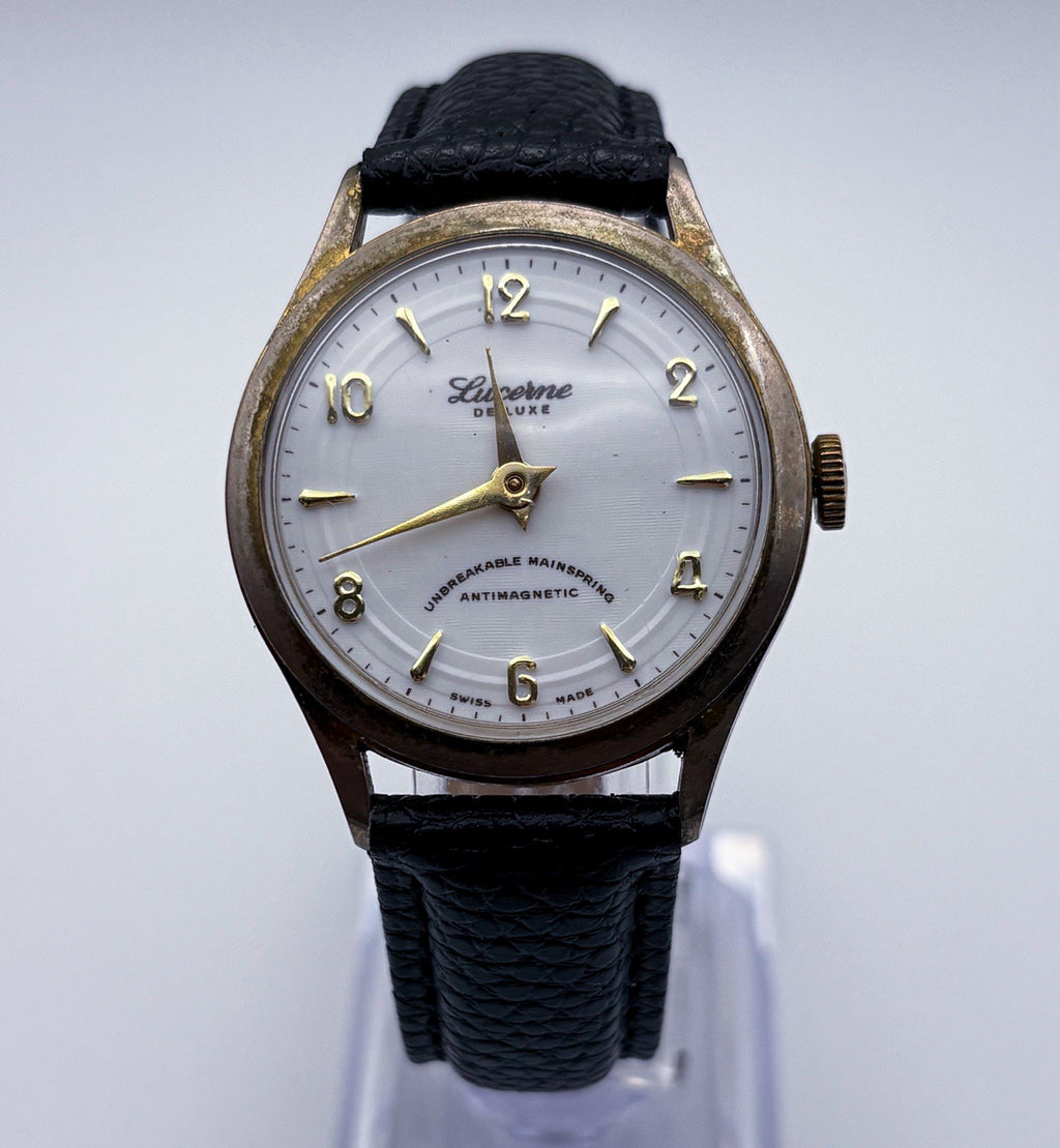 Vintage 1965 Lucerne De Luxe Swiss Mechanical Watch White Tuxedo Ring Dial Runs