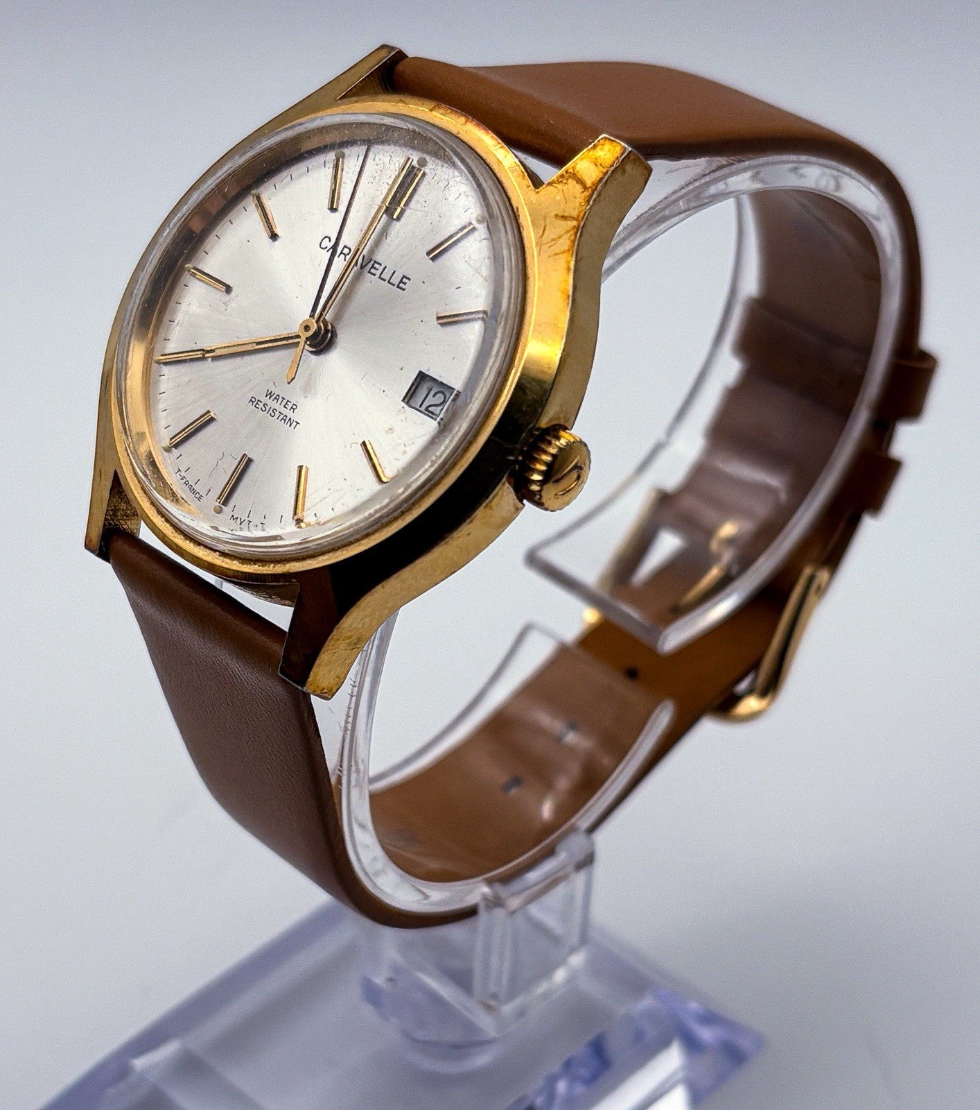 Vintage 1978 Caravelle N8 Mechanical 34mm Mens Gold Watch Silver Sunburst Date