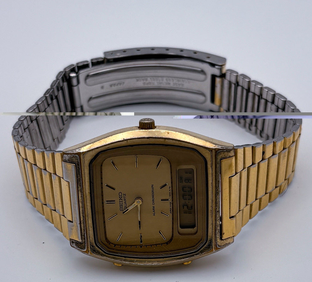 Vintage 1984 Seiko H448-5009 Ana-Digi Alarm Chronograph Gold Men's Tank Watch