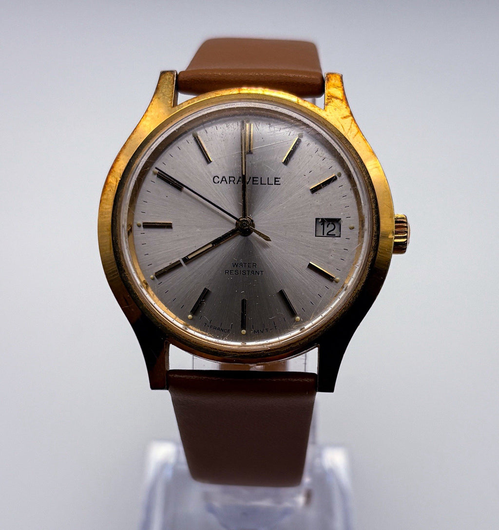 Vintage 1978 Caravelle N8 Mechanical 34mm Mens Gold Watch Silver Sunburst Date
