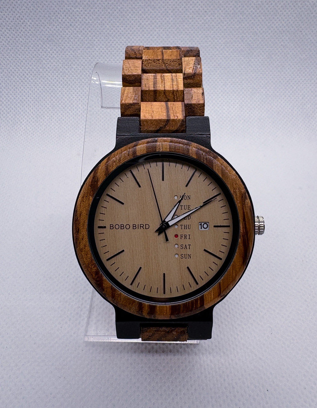 BOBO BIRD Men's Zebra Wood Watch O26-1 Day Date Quartz Handcrafted Excellent