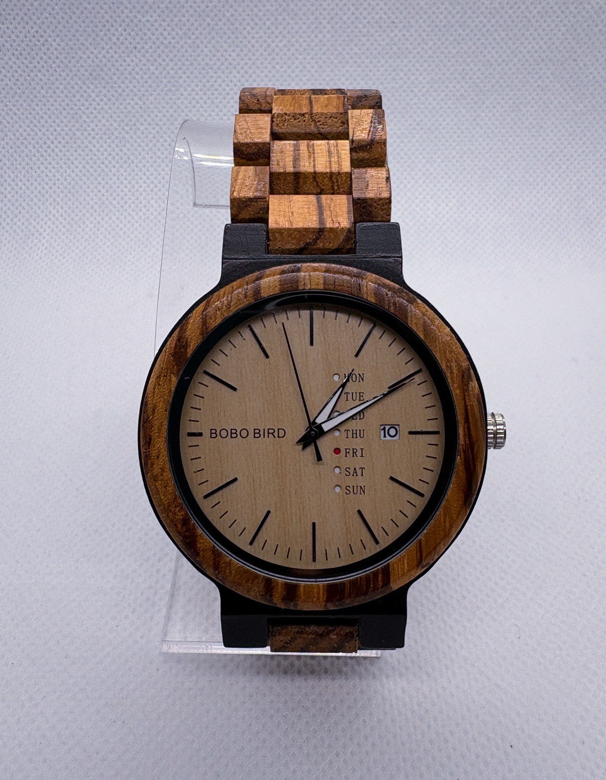 BOBO BIRD Men's Zebra Wood Watch O26-1 Day Date Quartz Handcrafted Excellent