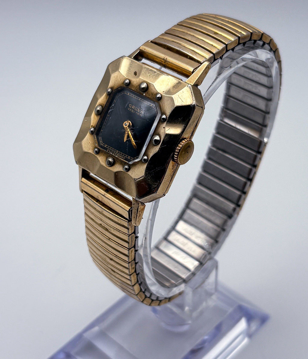 Vintage 1950 Gruen Veri-Thin 10K Gold Filled Faceted Bezel Black Gilt Mens Watch