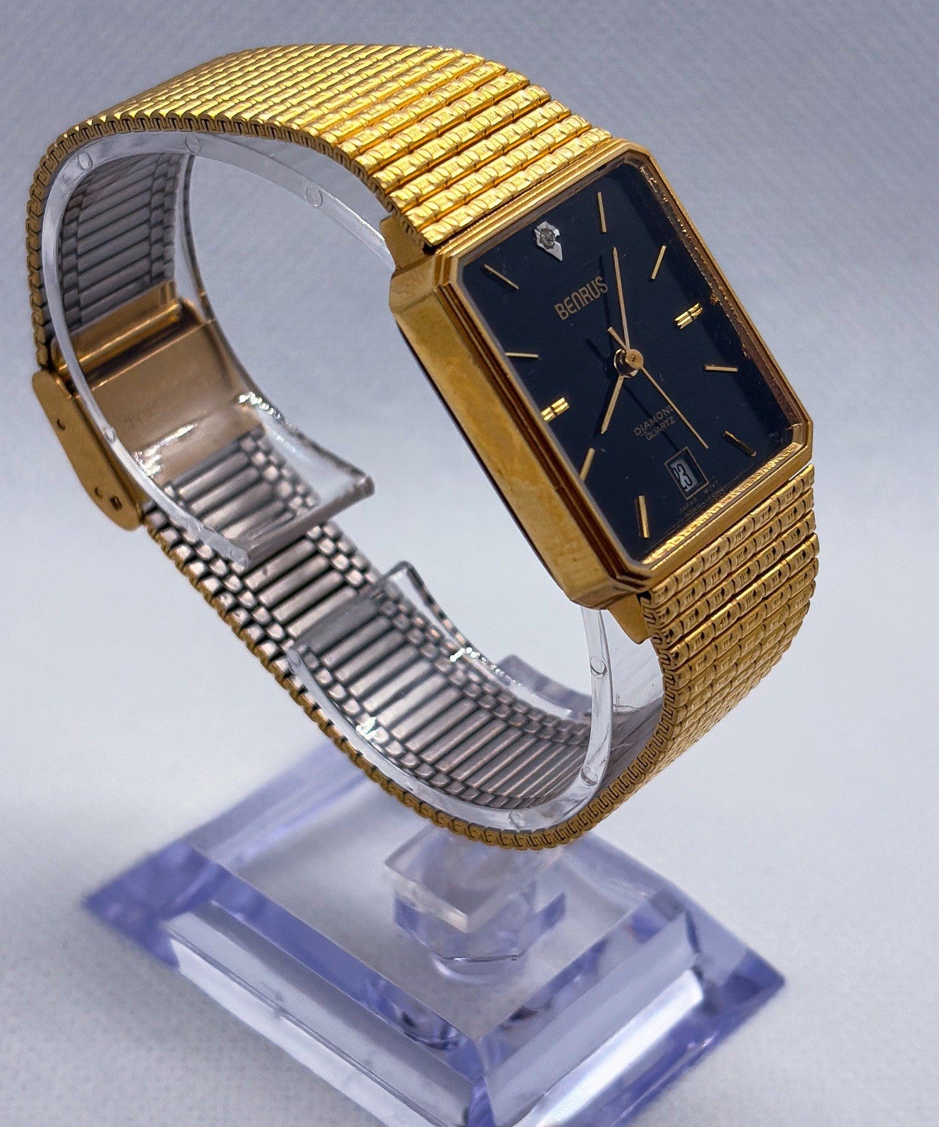 Vintage Benrus Diamond Quartz Gold Tone Black Dial Date Tank Men's Dress Watch