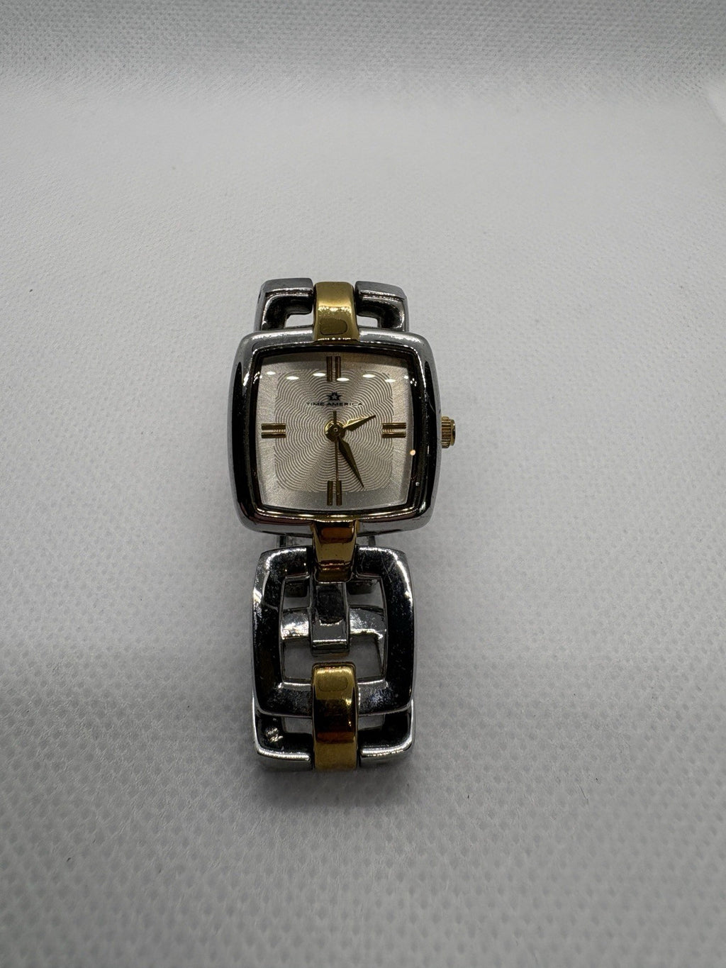 Time America Champagne Dial Square Gold Two-Tone Women's Watch New Battery