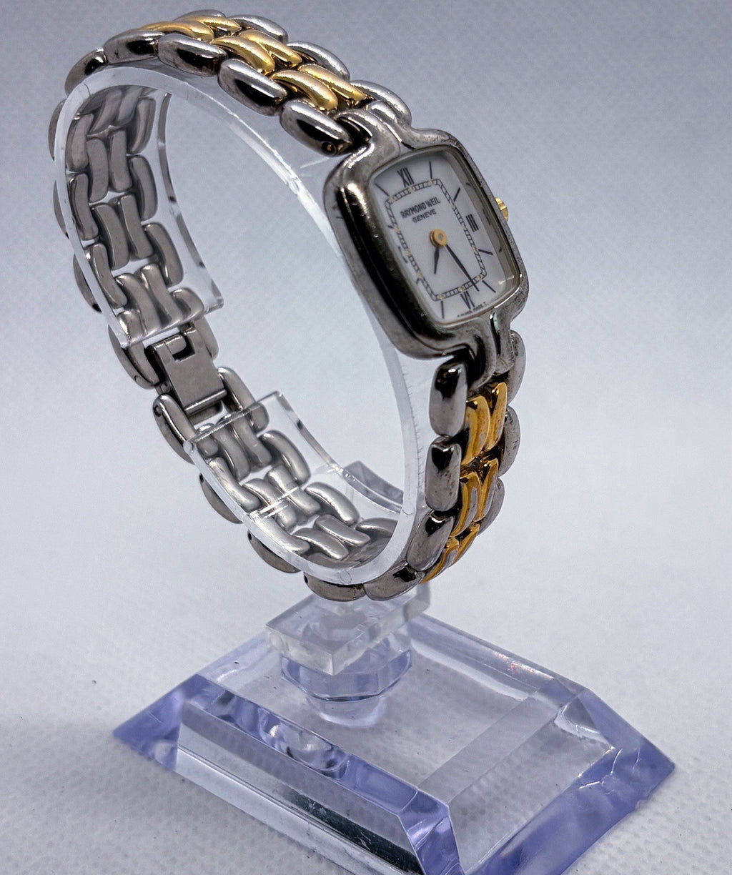 VTG 1990s Raymond Weil 5877 Ladies Watch Two Tone White Dial Square Swiss Quartz