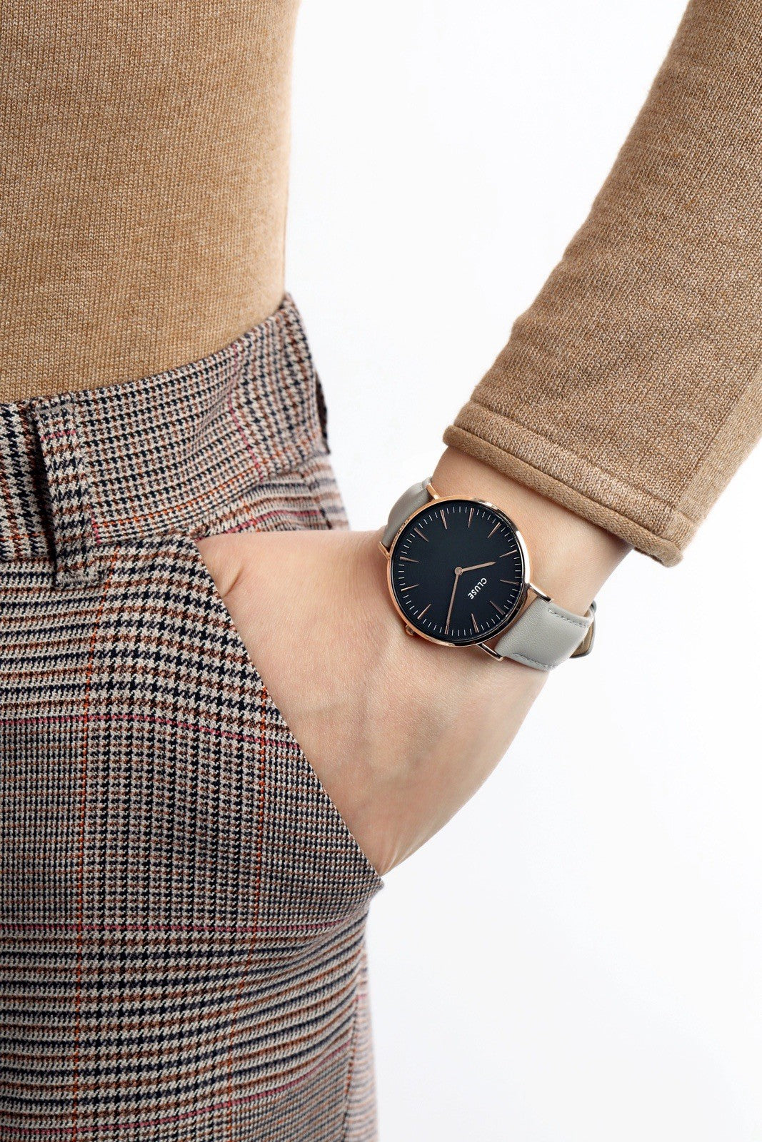 Cluse La Boheme Watch Women Rose Gold Case 38mm Gray Leather Band Black Dial