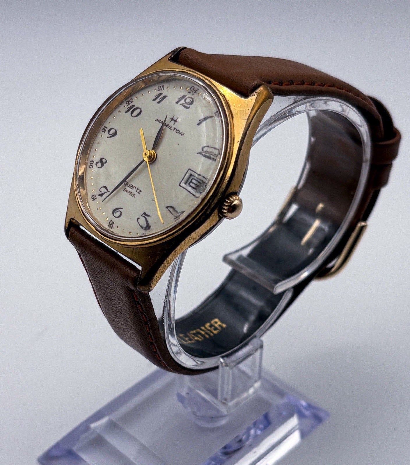 Hamilton 9058 Gold Quartz 34mm Swiss Mens Watch Cream Breguet Dial Date