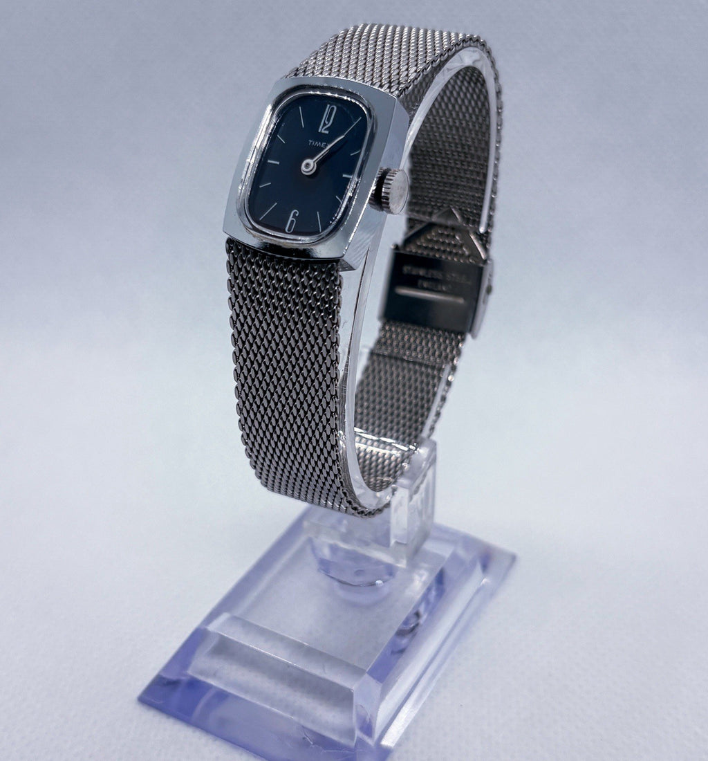 Vintage 1977 Timex Ladies Manual Wind Watch Blue Dial Silver Mesh Band Working