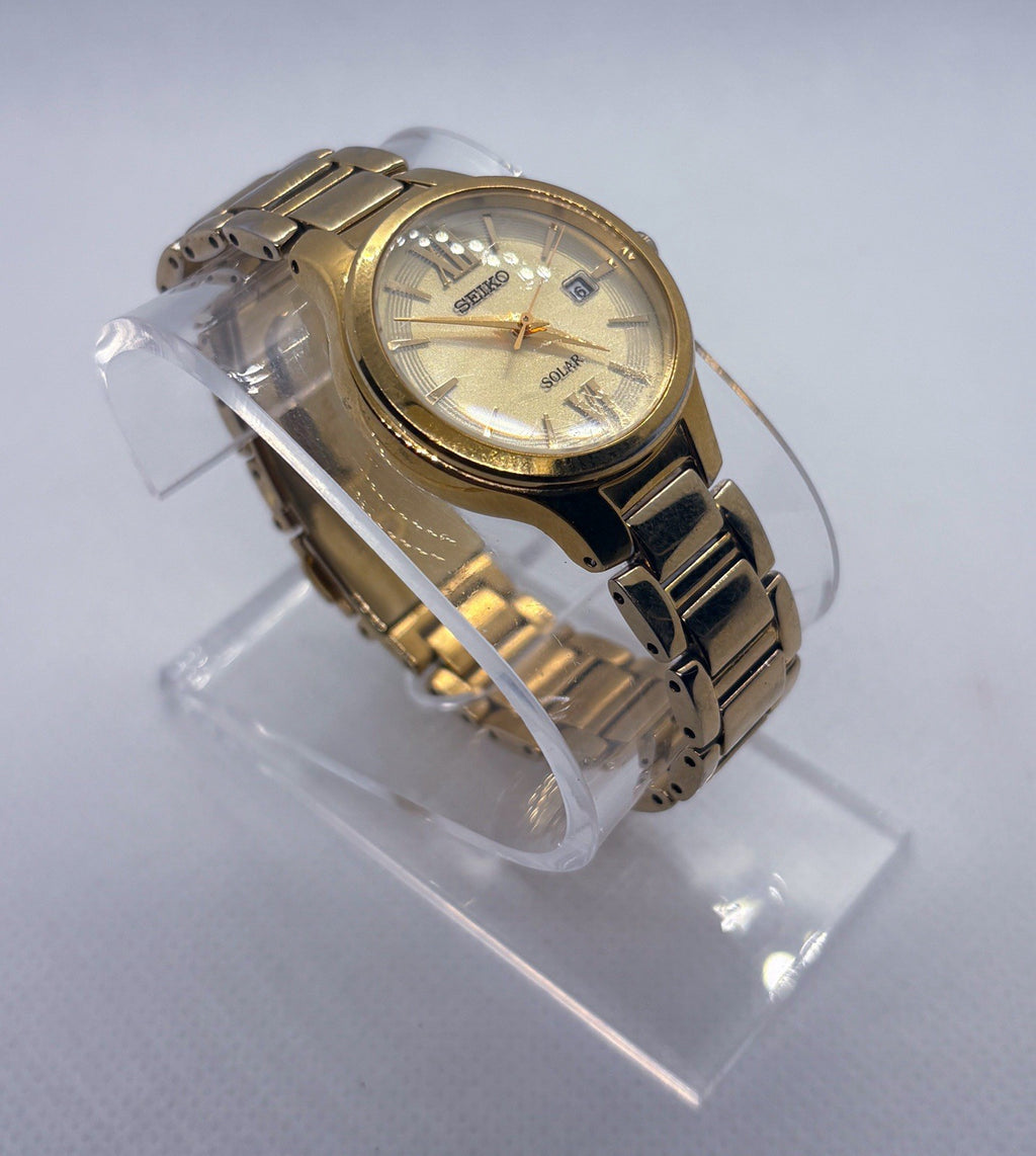 Seiko Women's Solar Gold Tone Dress Watch V137 Date - Fits Max 5.75" Wrist