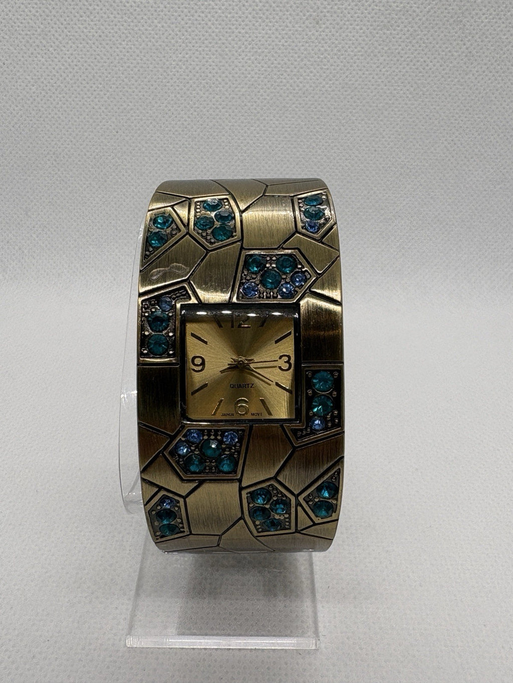 Ladies Fashion Blue Gem Quartz Watch 20mm Square Bronze Tone Cuff Bracelet