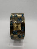 Ladies Fashion Blue Gem Quartz Watch 20mm Square Bronze Tone Cuff Bracelet