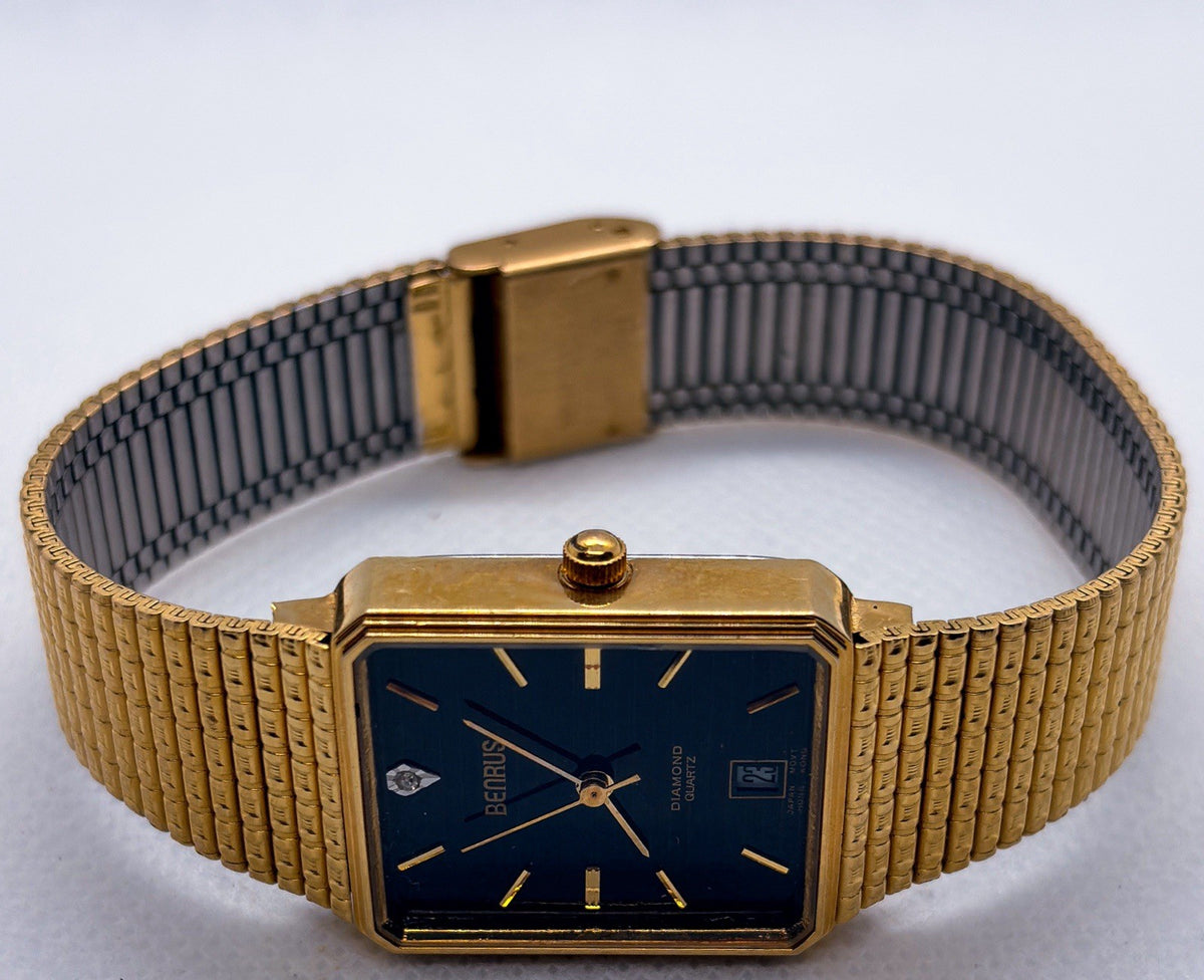 Vintage Benrus Diamond Quartz Gold Tone Black Dial Date Tank Men's Dress Watch
