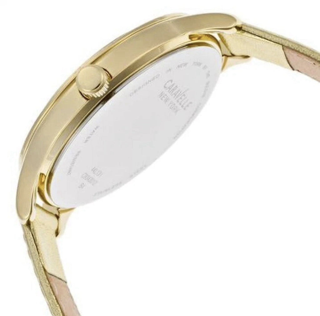 Caravelle New York Ladies Gold Dial Crystal Accent Gold Leather Watch 44L131