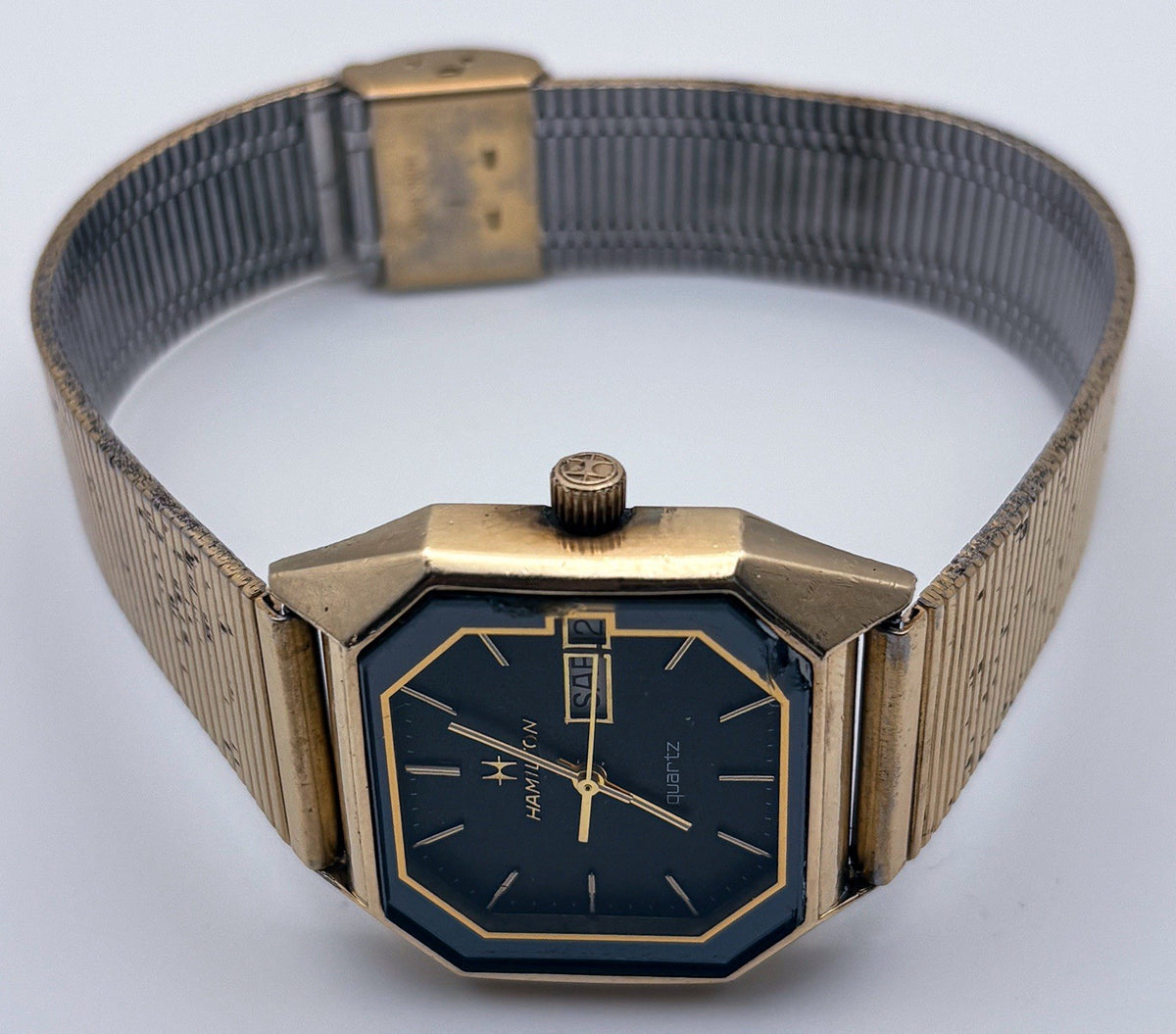 Vintage Hamilton 908679 Octagonal Watch 10K RGP Black Day Date Original Band