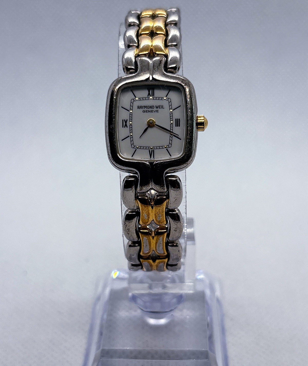 VTG 1990s Raymond Weil 5877 Ladies Watch Two Tone White Dial Square Swiss Quartz