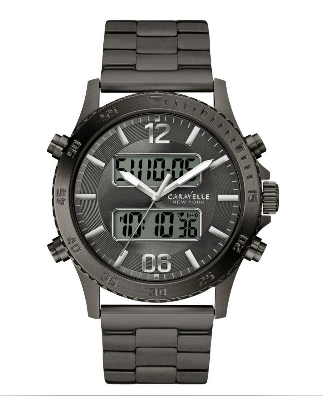 Caravelle By New York Dual Time Gray Dial Gun Metal Men’s Watch 45B136 ￼