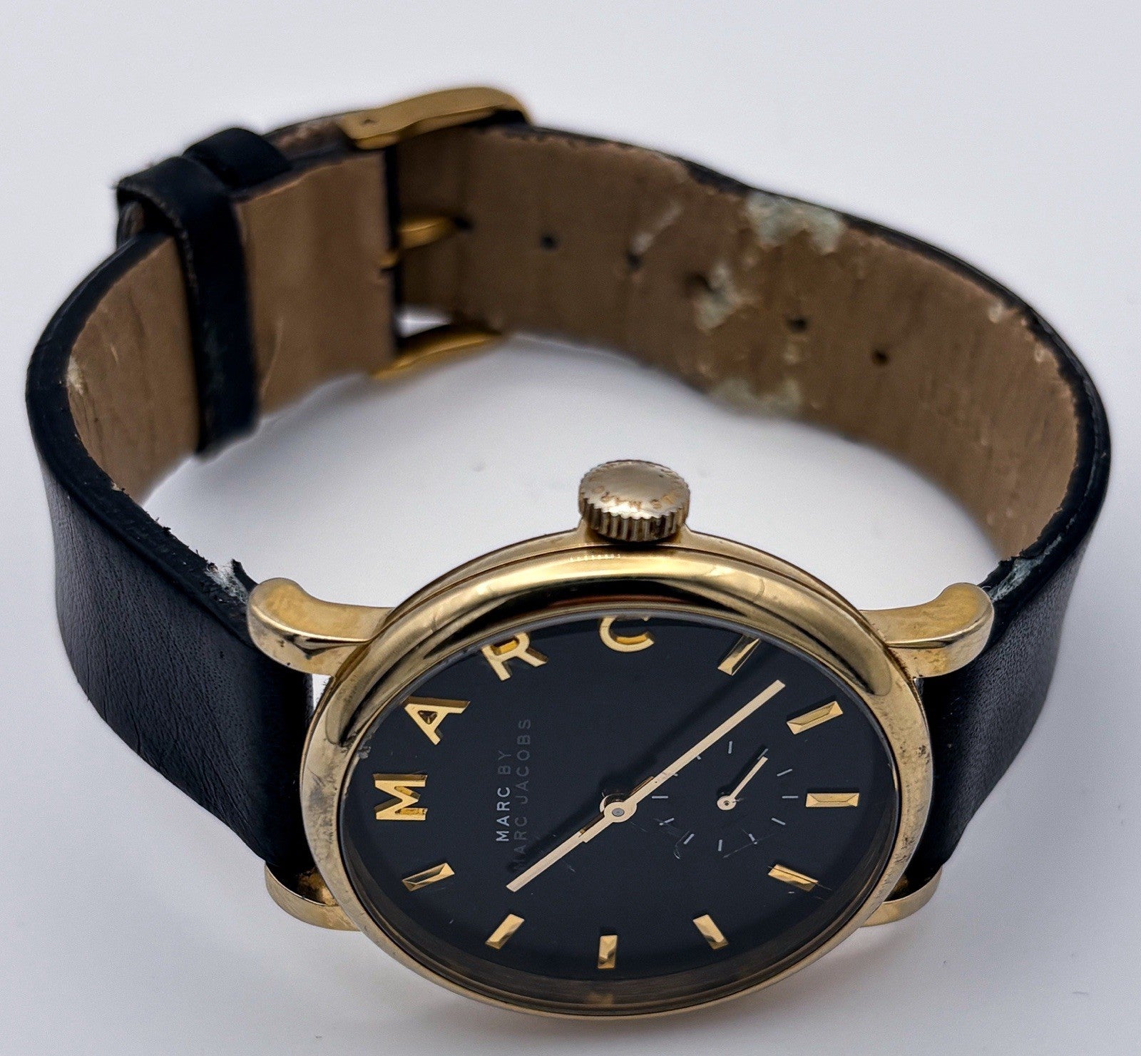 Marc by Marc Jacobs Baker Watch MBM1269 Gold Black Leather Unisex Midsize 36mm