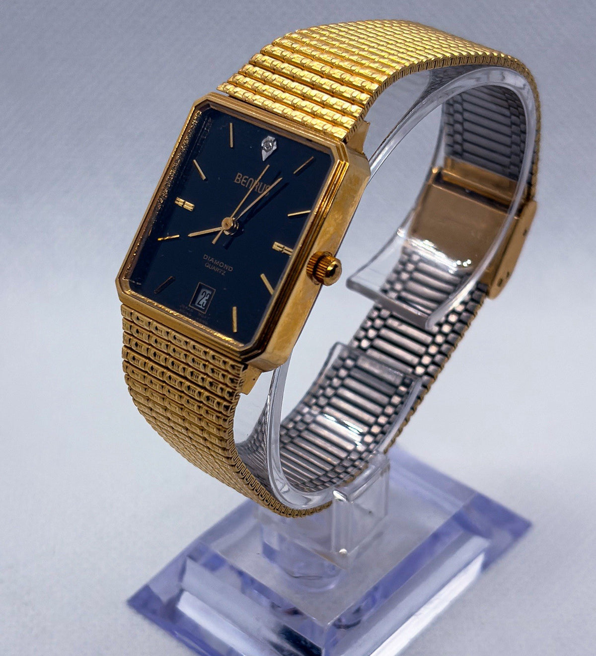 Vintage Benrus Diamond Quartz Gold Tone Black Dial Date Tank Men's Dress Watch