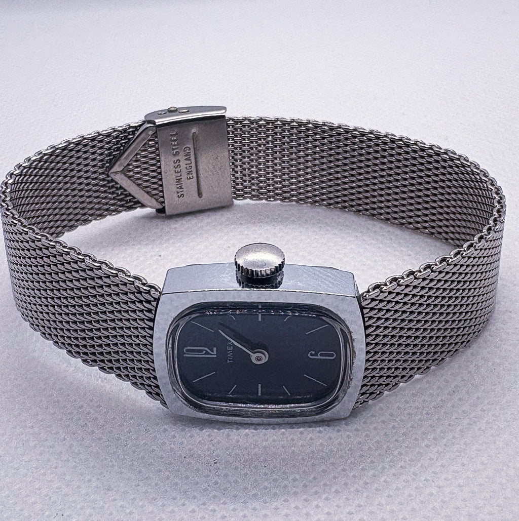 Vintage 1977 Timex Ladies Manual Wind Watch Blue Dial Silver Mesh Band Working