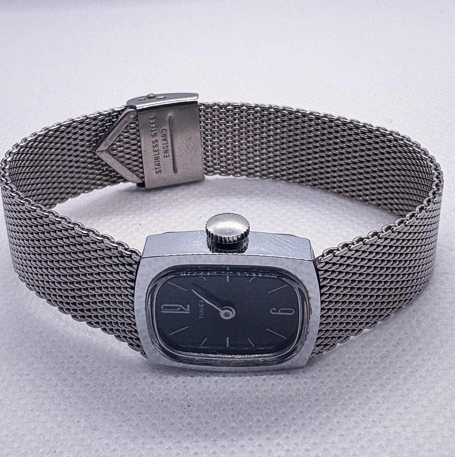 Vintage 1977 Timex Ladies Manual Wind Watch Blue Dial Silver Mesh Band Working