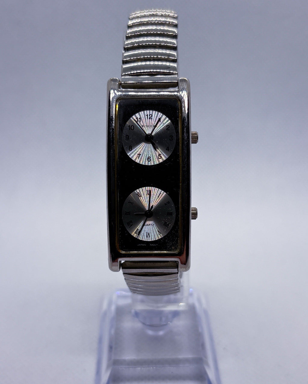 Vintage Rumours 3721 Dual Time Rectangle Women's Watch Silver Stretch Band