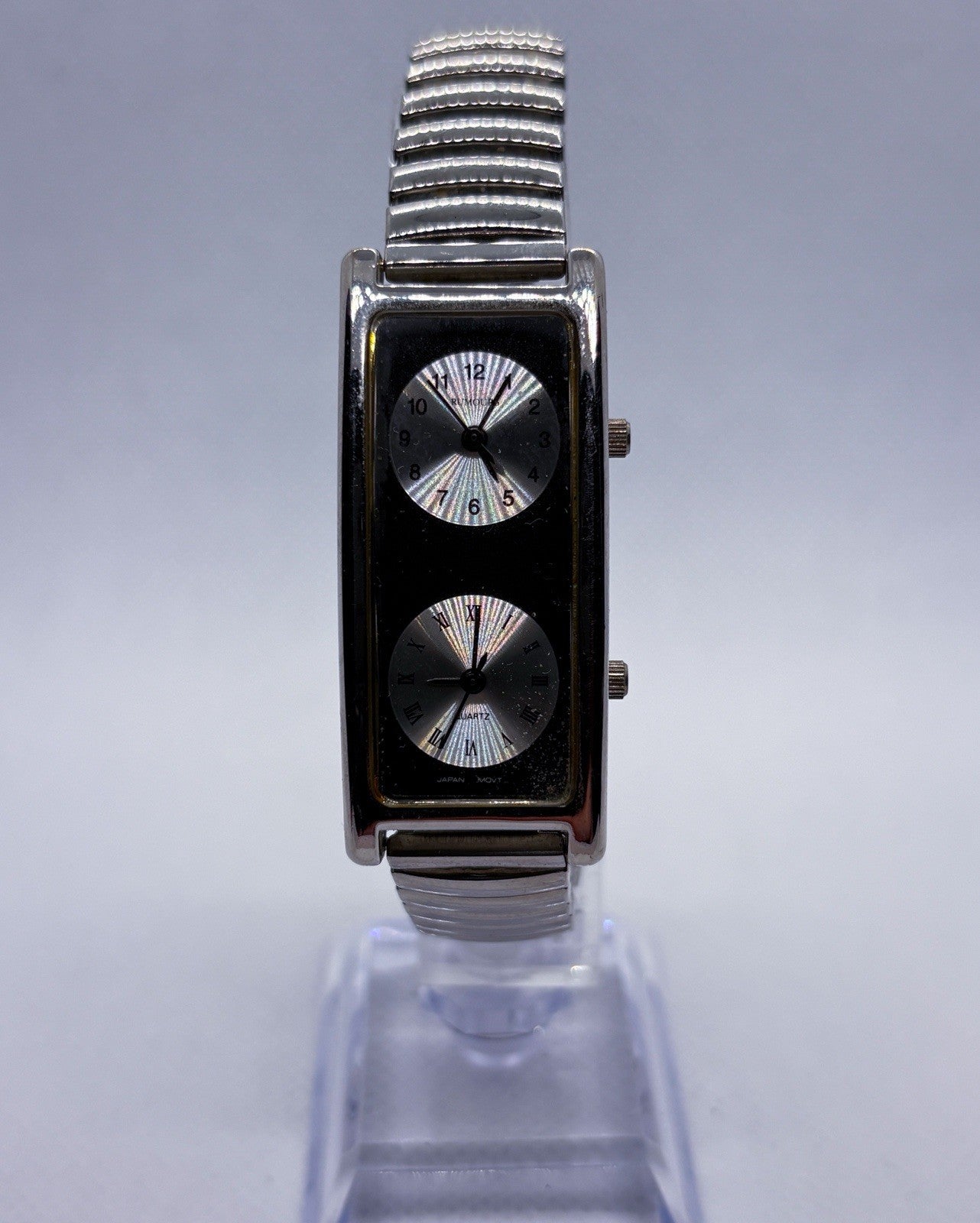 Vintage Rumours 3721 Dual Time Rectangle Women's Watch Silver Stretch Band