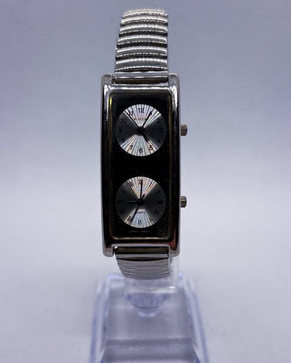 Vintage Rumours 3721 Dual Time Rectangle Women's Watch Silver Stretch Band