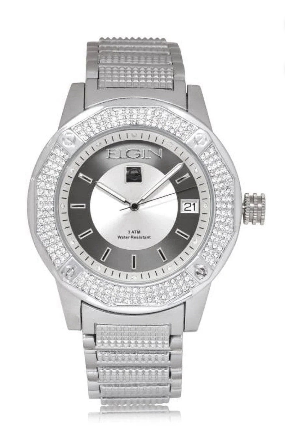 Elgin Men's Watch 216 Crystals Diamond Indices Date Window SS Band 46mm FG160032
