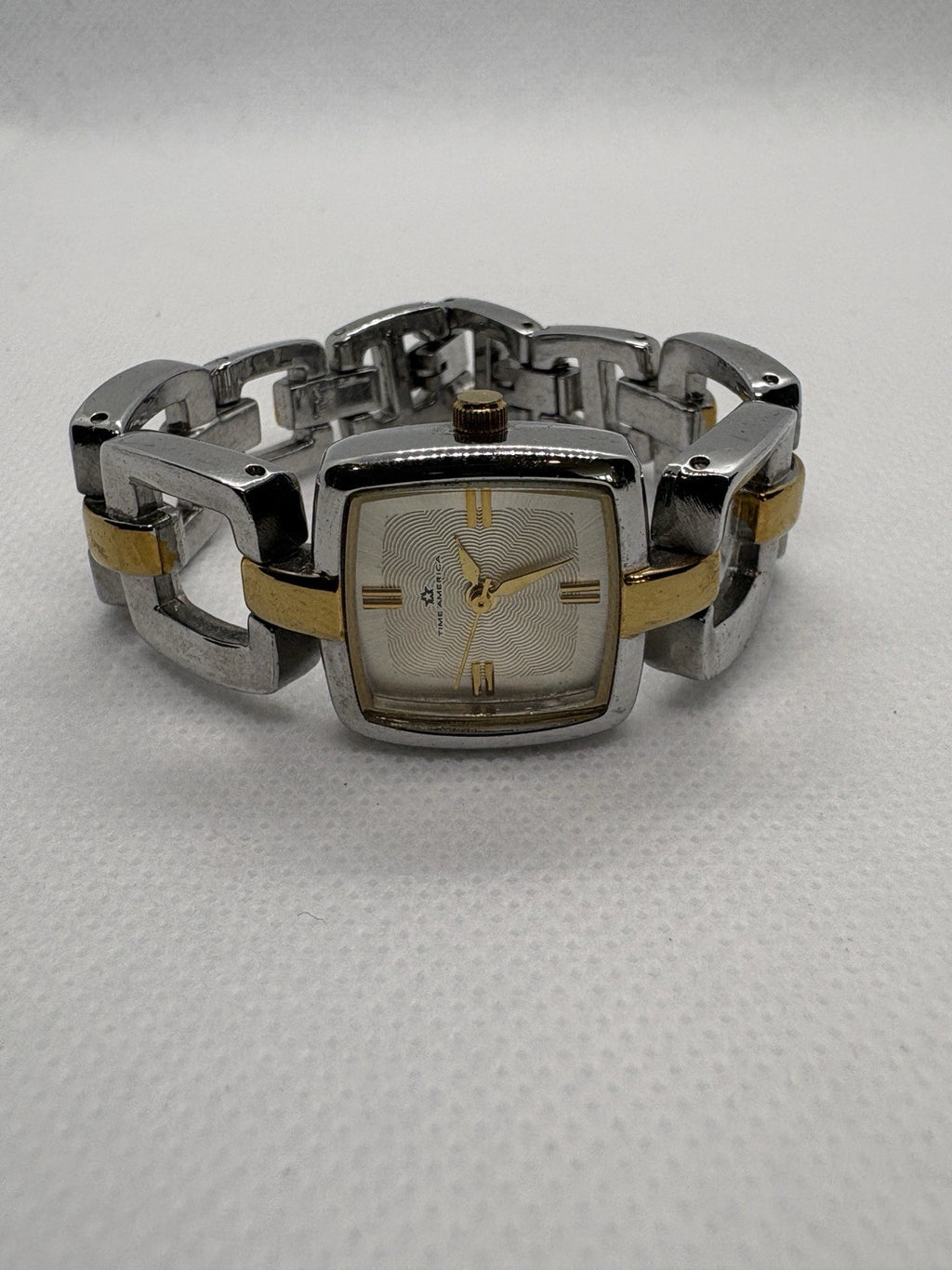 Time America Champagne Dial Square Gold Two-Tone Women's Watch New Battery