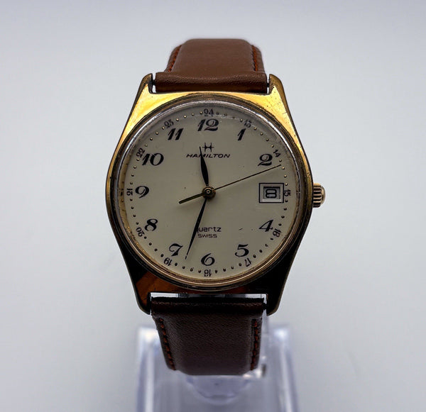 Vintage Hamilton 9058 Gold Quartz 34mm Swiss Mens Watch Cream Breguet Dial Date