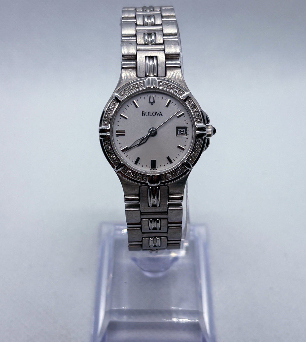 Vintage 2000s Bulova 96R04 C867878 Diamond Bezel Stainless Steel Ladies Watch