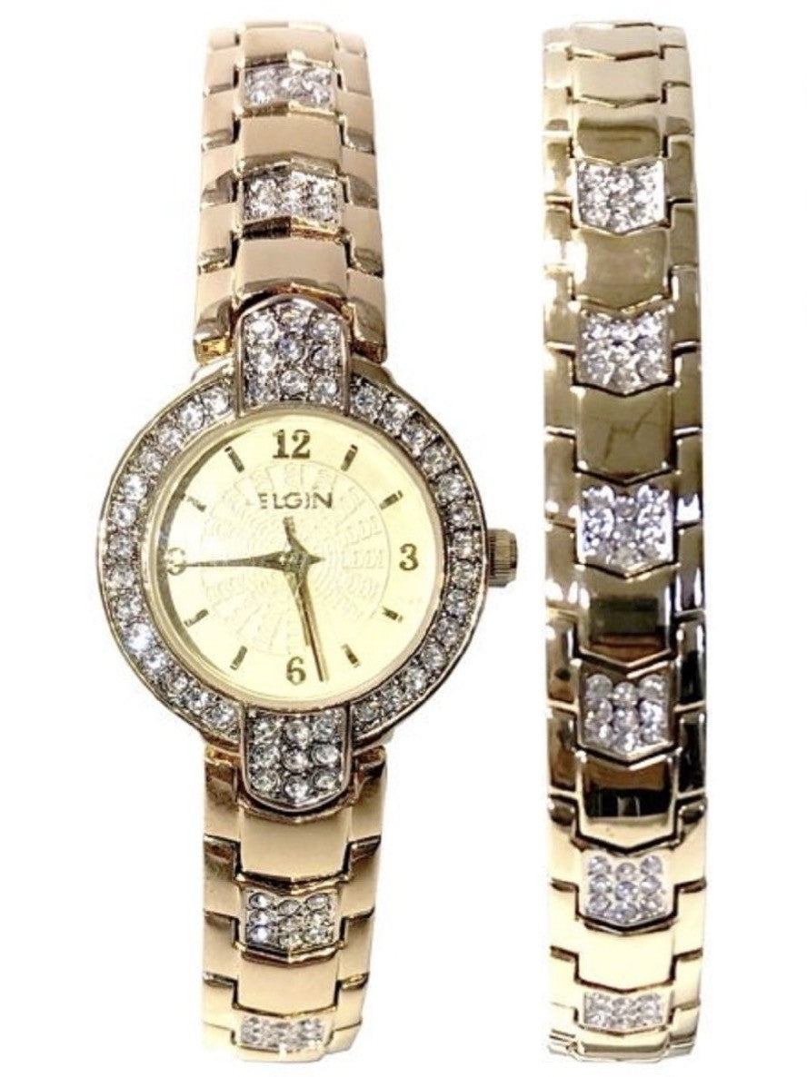 Elgin Woman's Analog Watch Bracelet Set with Arrow Link Design in Gold EG17010ST