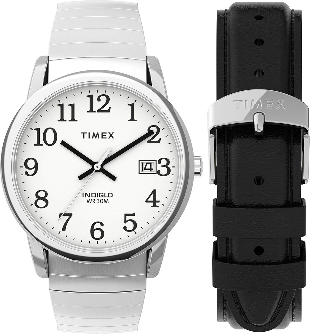 Timex Men's Easy Reader Watch 35mm Silver-Tone Steel Bracelet Plus Leather Band