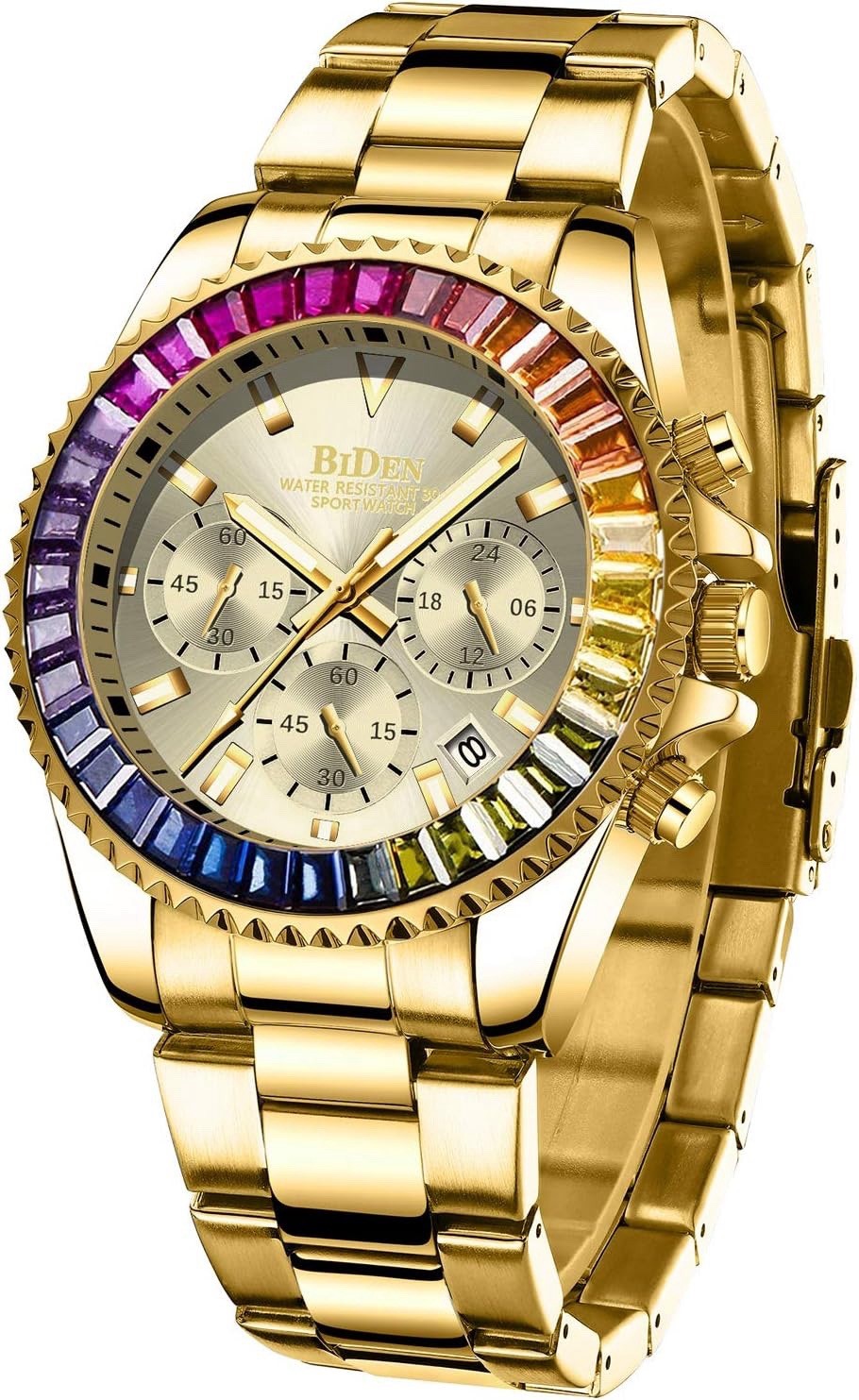 Biden Gold Tone Multicolor Gem Bezel Quartz Men’s Watch Biden-0163 New