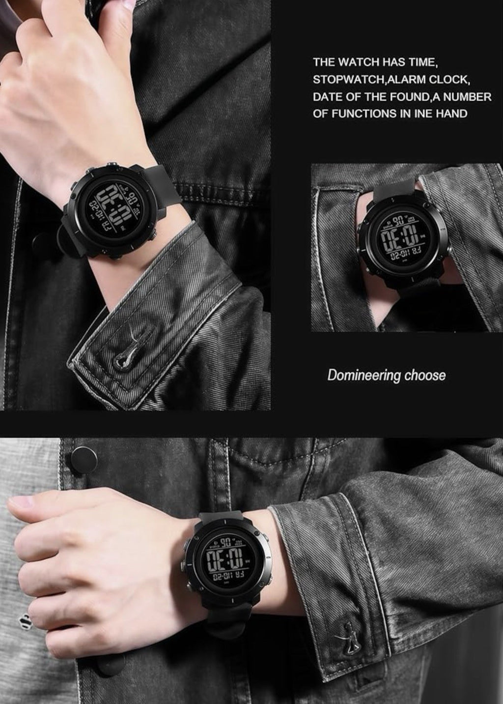 Olazone Quartz Watch Men 5 ATM Black Reverse LCD Digital Alarm Chrono 1426