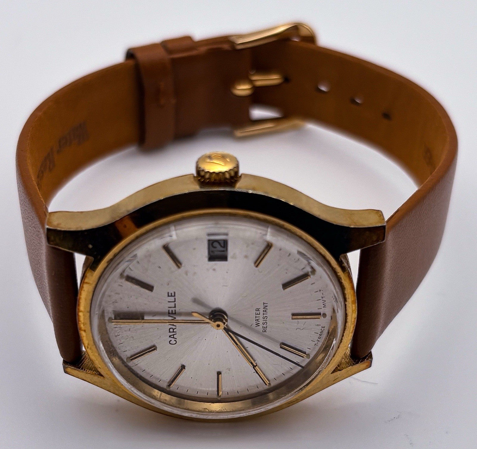 Vintage 1978 Caravelle N8 Mechanical 34mm Mens Gold Watch Silver Sunburst Date