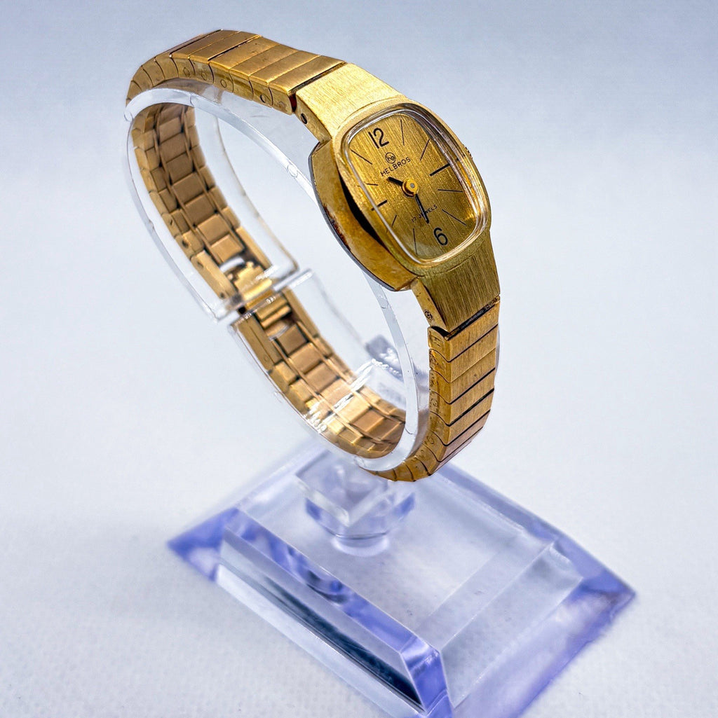 Vintage 1970s Helbros Ladies Watch 17 Jewel Manual Wind Gold Tone Cushion