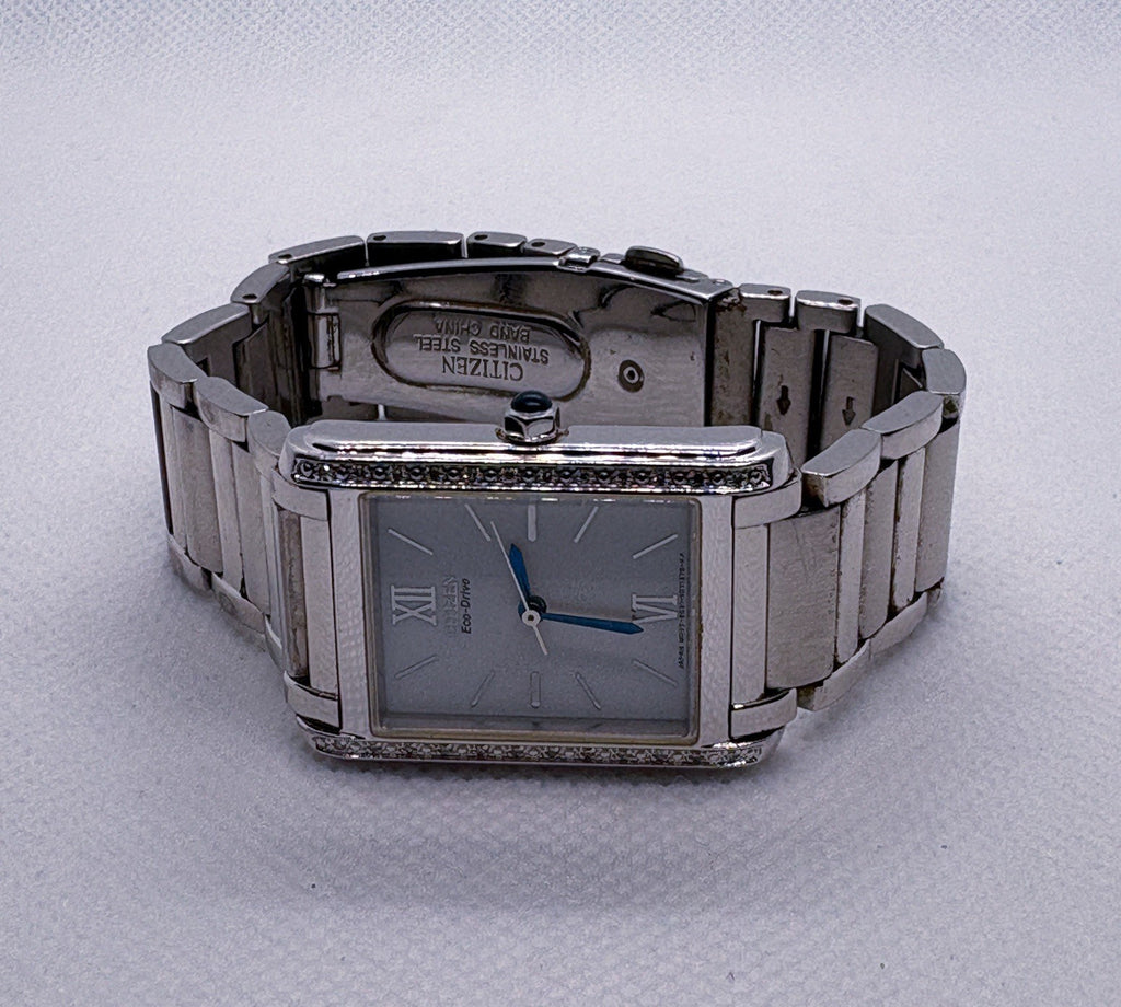 Citizen Eco-Drive Ladies Diamond Tank Watch Silver White Roman Dial EO31-SO44502
