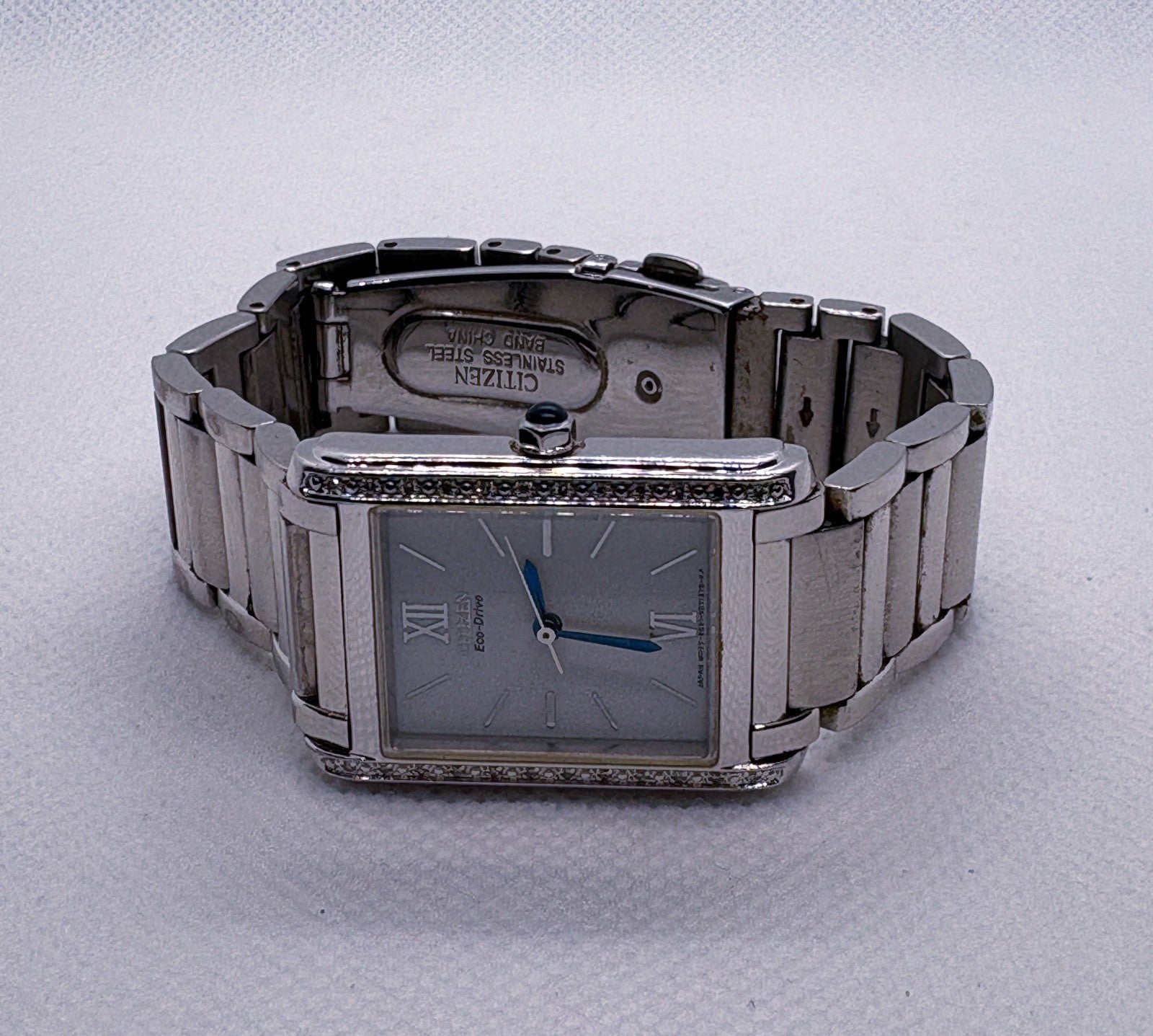 Citizen Eco-Drive Ladies Diamond Tank Watch Silver White Roman Dial EO31-SO44502