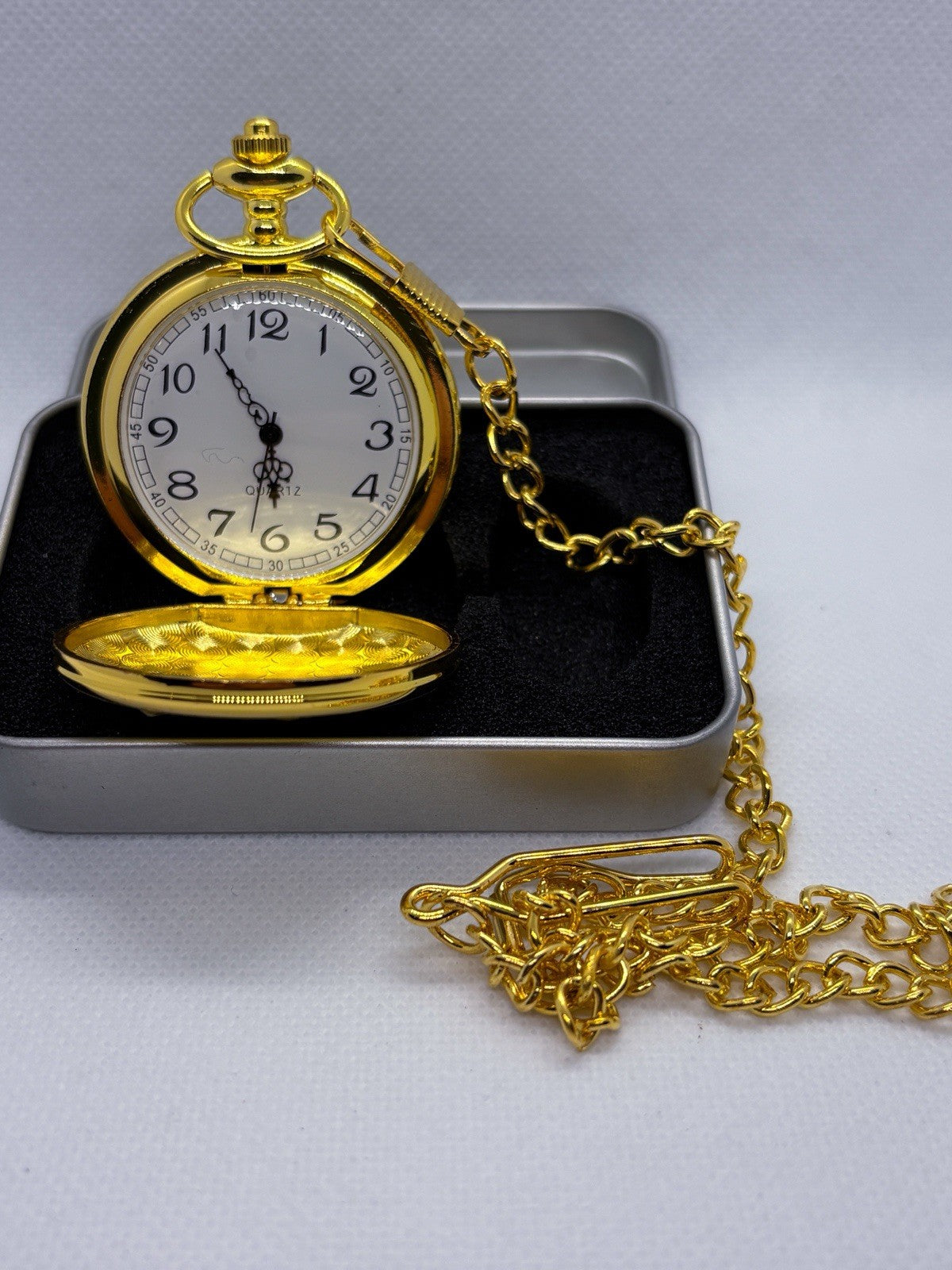 Men’s Gold Tone Hunter Style Pocket Watch White Dial Quartz New