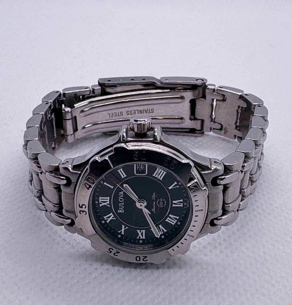 Vintage 1999 Bulova Marine Star 96M24 Ladies 25mm Diver Watch Black Roman Works