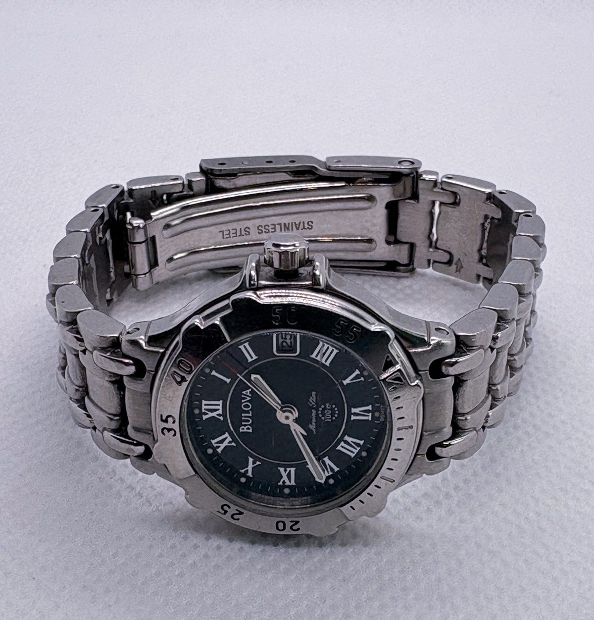 Vintage 1999 Bulova Marine Star 96M24 Ladies 25mm Diver Watch Black Roman Works