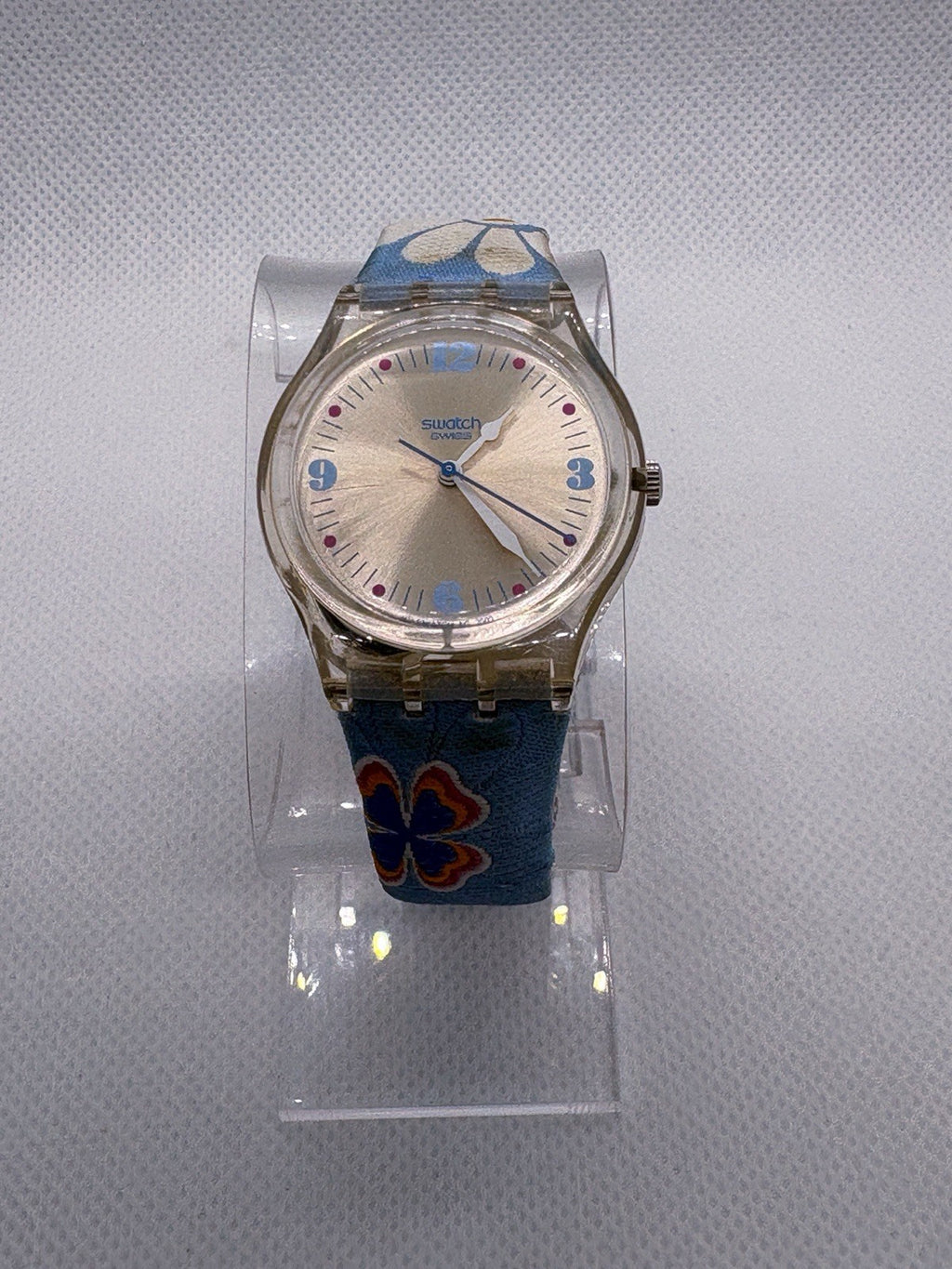 Swatch Happy Field Watch Silver Face Embroidered Flowers Band Clear Case GE146