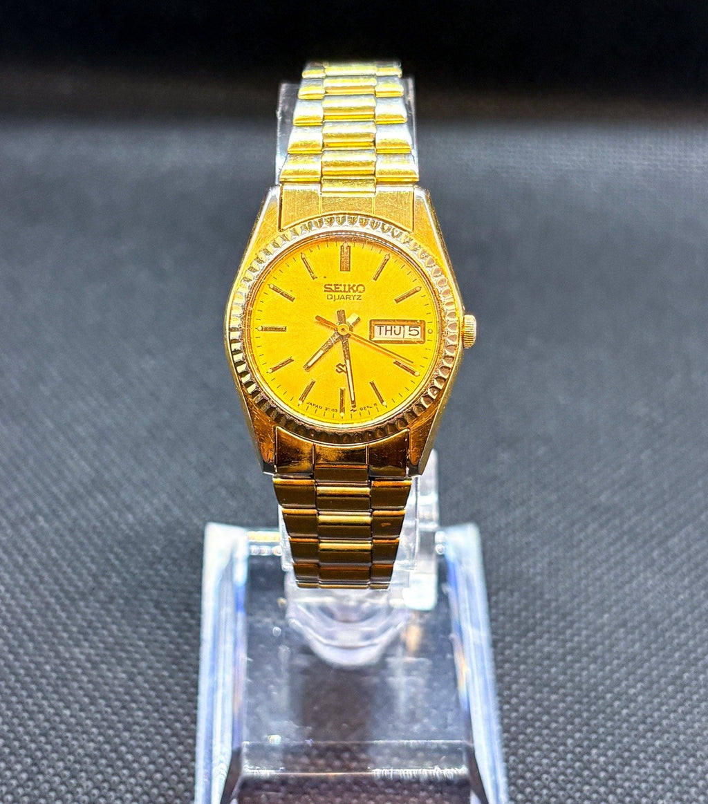 VTG 1991 Seiko SQ President Women's Watch Gold Fluted Bezel Day Date 3Y03-0169