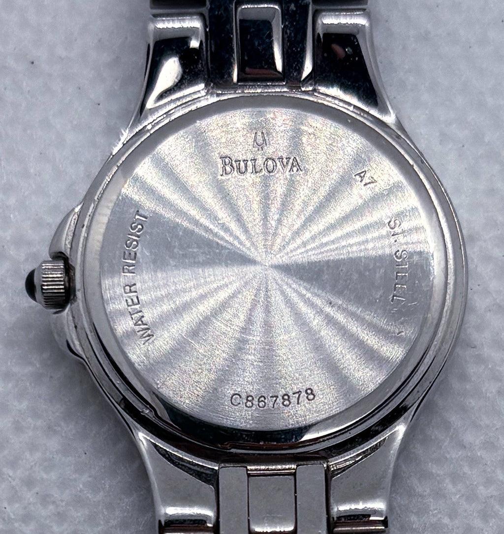 Vintage 2000s Bulova 96R04 C867878 Diamond Bezel Stainless Steel Ladies Watch