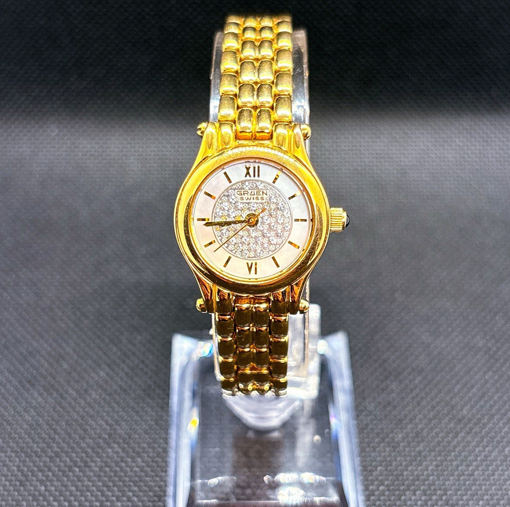 Vintage 1990s Gruen Swiss GSL014 Crystal Accent Dial 22mm Gold Tone Ladies Watch