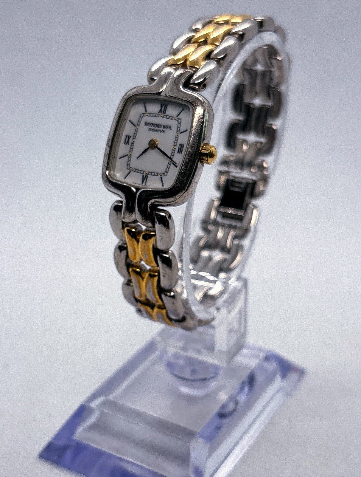 VTG 1990s Raymond Weil 5877 Ladies Watch Two Tone White Dial Square Swiss Quartz